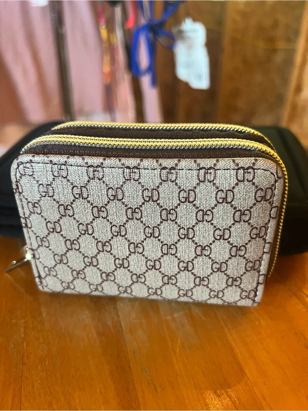 Designer-Inspired Beige/Brown Monogram Zip Wallet